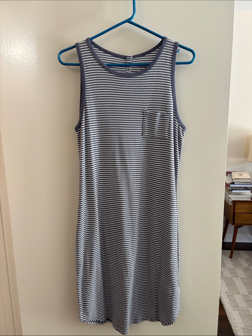 Three Dots Sleeveless Navy and White Striped Tank Dress